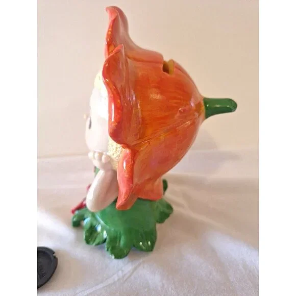 Flower Girl Fairy King Max Piggy Bank Ceramic 6 3/4" Orange Red Green - Picture 5 of 9